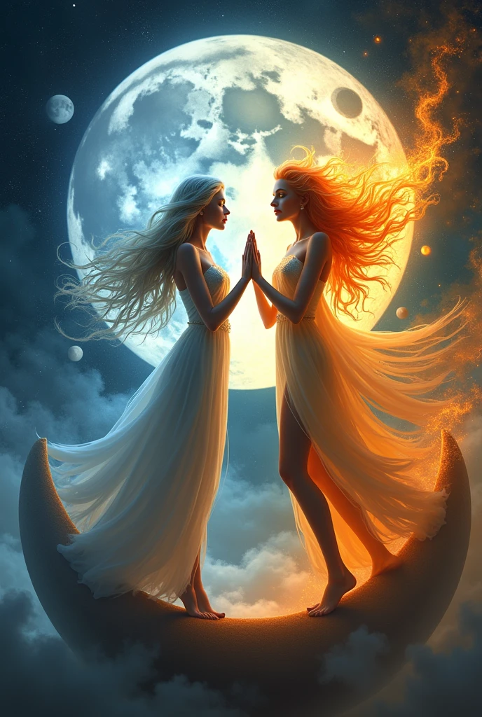 A dramatic and ethereal face-off between the Goddess of the Moon and the Goddess of the Sun. The Moon Goddess, with her long, flowing silver hair and a gossamer gown that mirrors the lunar surface, stands gracefully on a crescent moon base, her eyes a soft, luminous blue reflecting the tranquil night sky. Her delicate features are illuminated by the subtle glow of the moon she holds aloft in her right hand, which casts an enchanting, silvery light across the scene. In stark contrast, the Sun Goddess stands on a fiery sun-chariot, her hair a blaze of golden flames that cascade down her back, framing her fiery countenance. Her eyes, a fiery orange, exude power and intensity as she raises her left hand to the sky, where a radiant sunblaze extends from her fingertips, casting a warm, vibrant light that seems to dance with the cool tones of the moon's glow. Both deities are depicted in mid-motion, their expressions a blend of respect and challenge as they face each other, symbolizing the eternal cycle of night and day. The backdrop is a swirling cosmos of blended blues and oranges, where celestial bodies and cosmic dust form a mesmerizing tapestry that accentuates the grandeur of their divine encounter. The composition is symmetrical yet dynamic, with the Moon Goddess anchored in the serenity of darkness and the Sun Goddess emerging from a fiery abyss, together creating a stunning visual representation of the balance and beauty of their celestial dominions.