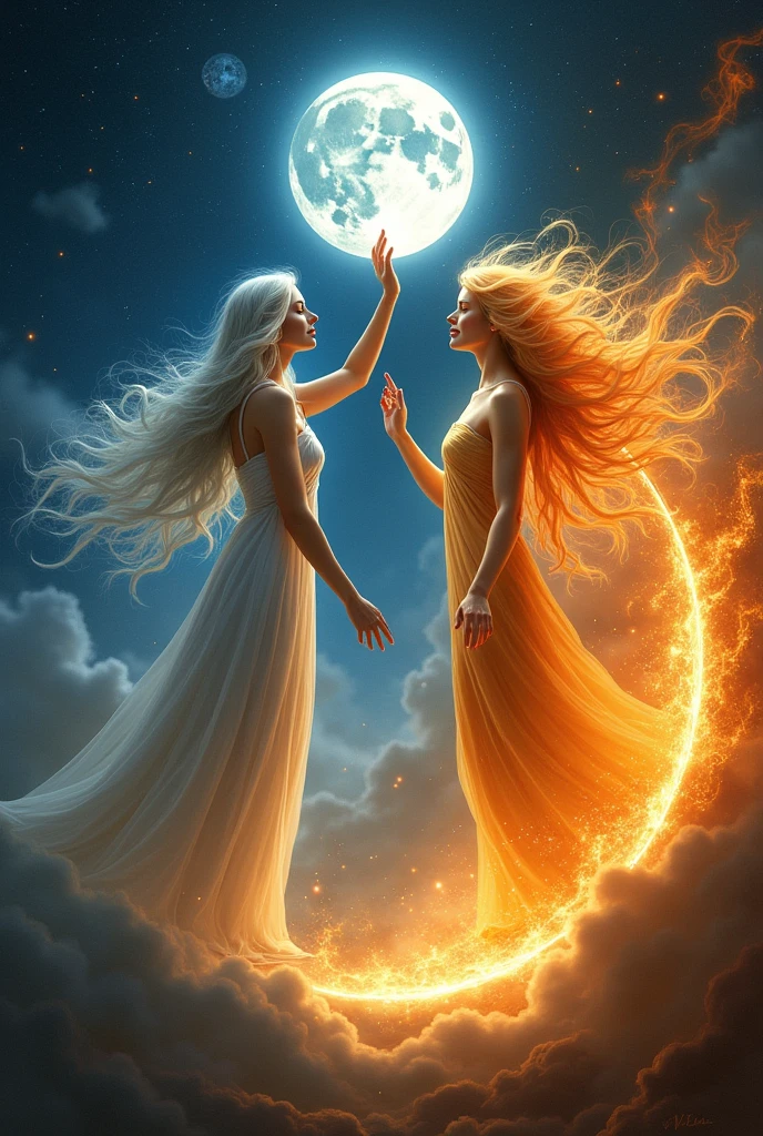 A dramatic and ethereal face-off between the Goddess of the Moon and the Goddess of the Sun. The Moon Goddess, with her long, flowing silver hair and a gossamer gown that mirrors the lunar surface, stands gracefully on a crescent moon base, her eyes a soft, luminous blue reflecting the tranquil night sky. Her delicate features are illuminated by the subtle glow of the moon she holds aloft in her right hand, which casts an enchanting, silvery light across the scene. In stark contrast, the Sun Goddess stands on a fiery sun-chariot, her hair a blaze of golden flames that cascade down her back, framing her fiery countenance. Her eyes, a fiery orange, exude power and intensity as she raises her left hand to the sky, where a radiant sunblaze extends from her fingertips, casting a warm, vibrant light that seems to dance with the cool tones of the moon's glow. Both deities are depicted in mid-motion, their expressions a blend of respect and challenge as they face each other, symbolizing the eternal cycle of night and day. The backdrop is a swirling cosmos of blended blues and oranges, where celestial bodies and cosmic dust form a mesmerizing tapestry that accentuates the grandeur of their divine encounter. The composition is symmetrical yet dynamic, with the Moon Goddess anchored in the serenity of darkness and the Sun Goddess emerging from a fiery abyss, together creating a stunning visual representation of the balance and beauty of their celestial dominions.