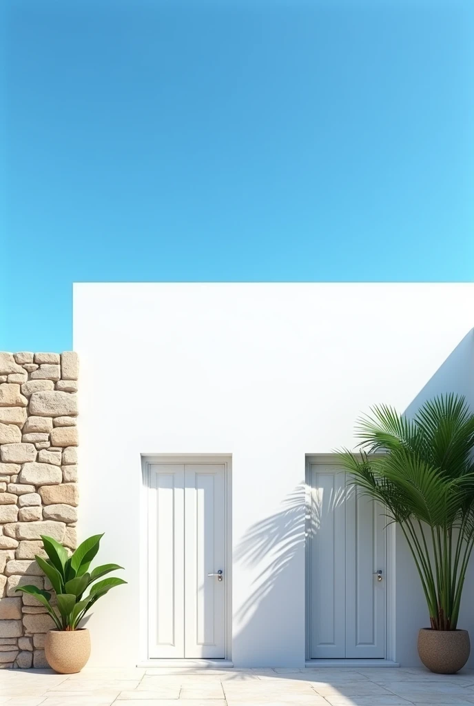 Blue Sky Background - The entire image is covered with a bright blue background.White Wall - A white wall is shown in the center of the image.Stone wall - A stone wall is seen at the bottom of the white wall.Two doors - Each white wall has two doors.Tropical plant - A green tropical plant (palm tree) grows in front of the white wall.Shading - The shadows of the leaves of the tropical plants fall on the wall.Overall, one senses that this image captures a stylish Southern European scene with a blue sky, white walls, and tropical plants harmoniously arranged.
