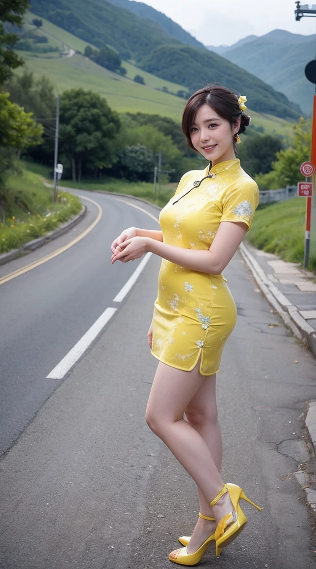 Highest quality, masterpiece,32K ,photograph、 Realistic, High resolution, 8k RAWphotograph,alone, 1 person,、Age 35、Slim figure、smile、 Yellow cheongsam、In the mountains、High heels