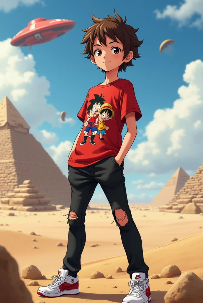 Male boy approximately , with short curly mushroom hair, light brown eyes, with seductive look, with a flirtatious smile, dressed in modern black trousers with ripped legs, type we, With a red shirt with the characters of Meliodas from the anime The 7 Deadly Sins, Also that Goku comes out of Dragon Ball Z, Luffi also comes out of One Piece, with some Nike tennis shoes, white with red, and in the background the pyramids of Egypt and a spaceship above. Let everything look like it does in real life
