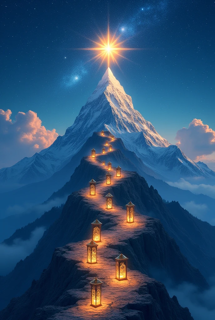Visualize a majestic mountain under a starry sky, with a lantern-lit path along the trail. on top of mountain, there is a big bright star, symbolizing success. Each lantern along the way has symbols of challenges and achievements, and the stars around reflect the continued effort and determination