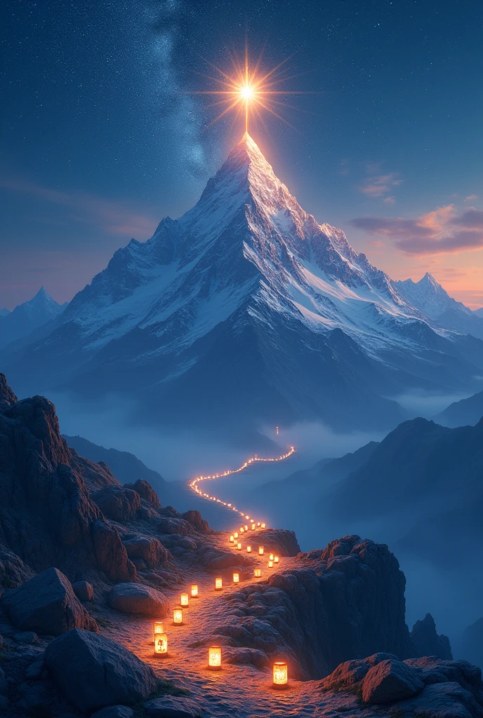 Visualize a majestic mountain under a starry sky, with a lantern-lit path along the trail. on top of mountain, there is a big bright star, symbolizing success. Each lantern along the way has symbols of challenges and achievements, and the stars around reflect the continued effort and determination