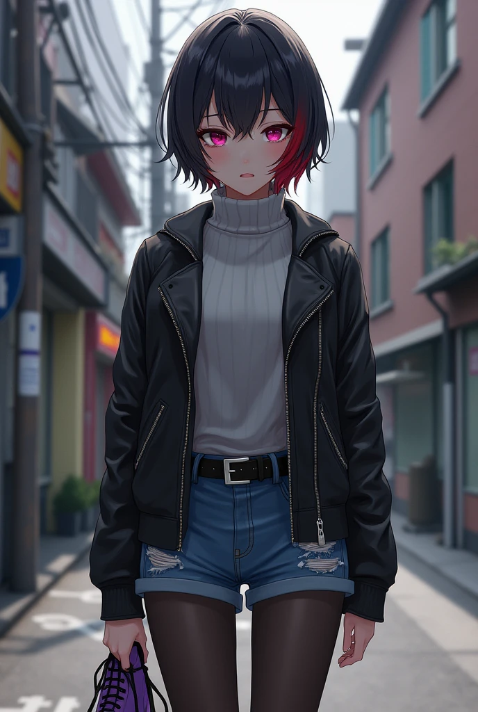 Ran Mitake has short black hair with her short bangs partially tucked beneath her forelocks, one of which is dyed red. She has partially sharp dark pink eyes.
Her casual attire is fairly simple and monotone, befitting her rebellious and tomboyish personality. In her initial outfit, she wears a turtleneck light gray sweater, a black leather jacket, short ripped denim shorts, a black belt around her waist, a pair of black tights and a purple lace up ankle boots. Ran Mitake has an aloof nature, which hides her loneliness from other people. Deep down, she wishes to become closer to others, but can be socially awkward and has a tendency to trip over her words. She can be easily flustered and is somewhat hot-blooded.