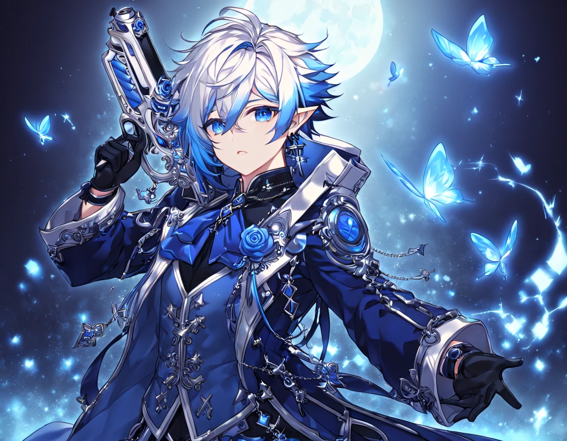 absurdres, highres, ultra detailed, HDR, master piece, best quality, extremely detailed, detailed face, Ciel, white hair, blue strand of hair in the left side of his hair, bicolor hair, expressive blue eyes, slightly pointed ears, Elsword, cross earrings, solo, sexy man, handsome, manly man, dark blue coat with high collar, blue vest, black shirt, black gloves, blue cravat, magical, fantasy, under a blue tree, holding a white cross gun, blue lightning, blue flames, blue moon, blue fireflies, blue roses, blue butterflies, glass magic