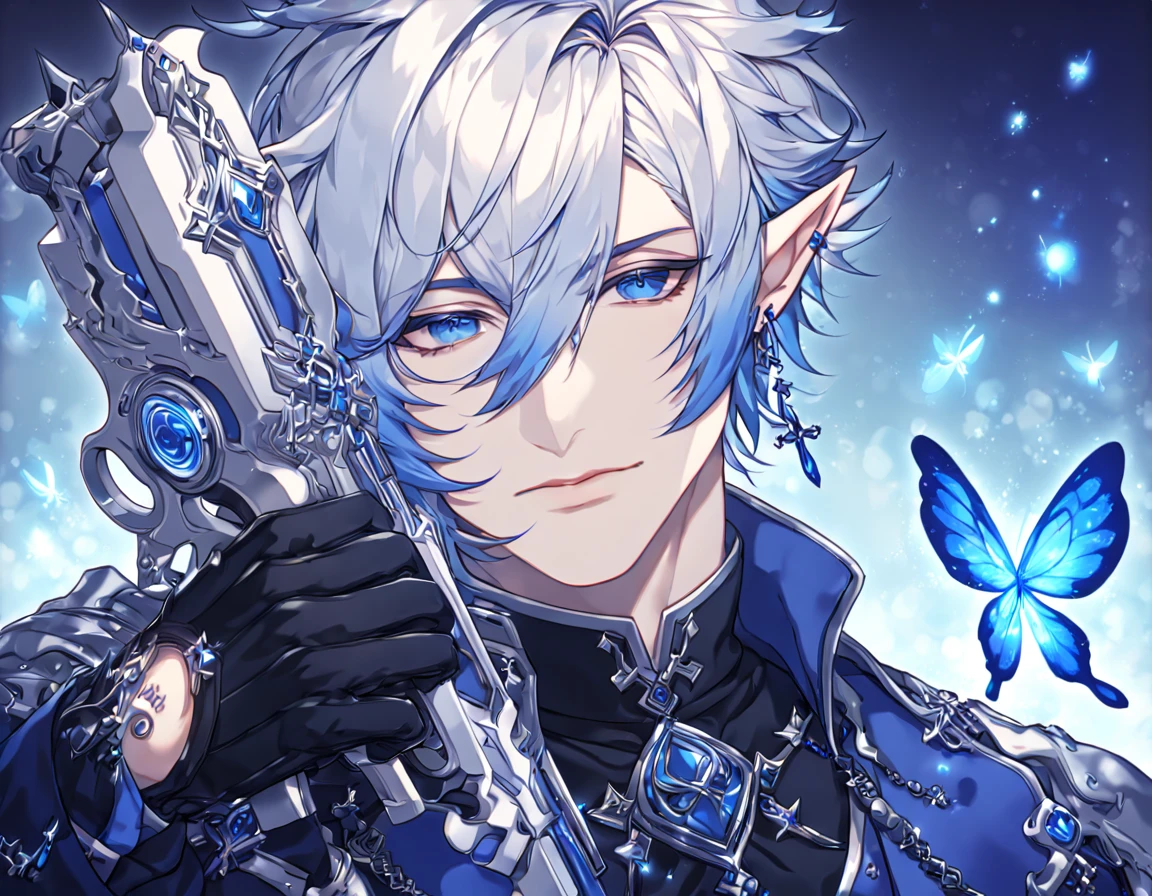 absurdres, highres, ultra detailed, HDR, master piece, best quality, extremely detailed, detailed face, Ciel, white hair, blue strand of hair in the left side of his hair, bicolor hair, expressive blue eyes, slightly pointed ears, Elsword, cross earrings, solo, sexy man, handsome, manly man, dark blue coat with high collar, blue vest, black shirt, black gloves, blue cravat, magical, fantasy, under a blue tree, holding a white cross gun, blue lightning, blue flames, blue moon, blue fireflies, blue roses, blue butterflies, glass magic