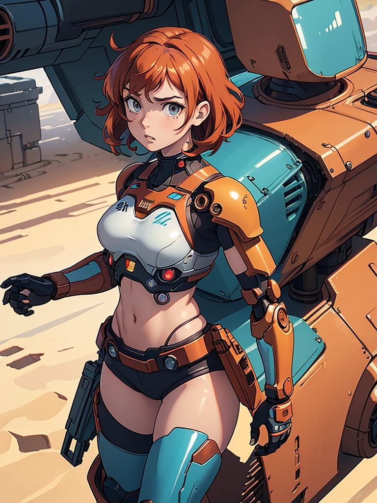 (masterpiece), (best quality), ((one girl)), red copper hair,(brown eyes),short hair, curly hair, anime style, freckles, (small breast), (petite figure),knee pads, legs, (desert background)), ((cyberpunk mecha outfit)), (blue mecha armor)),(almond eyes) ,( tan skin)