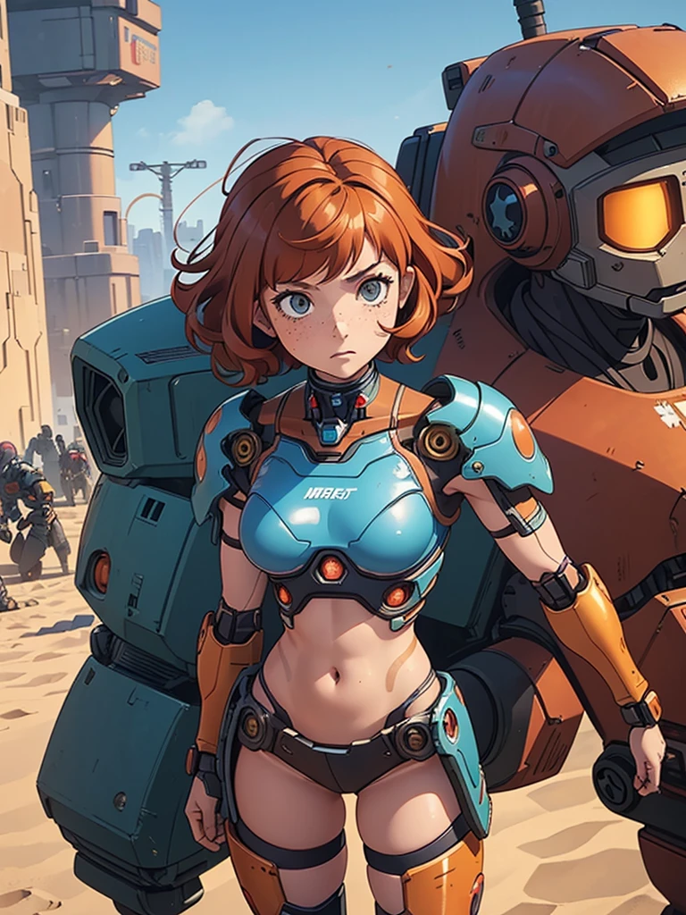 (masterpiece), (best quality), ((one girl)), red copper hair,(brown eyes),short hair, curly hair, anime style, freckles, (small breast), (petite figure),knee pads, legs, (desert background)), ((cyberpunk mecha outfit)), (blue mecha armor)),(almond eyes) ,( tan skin)