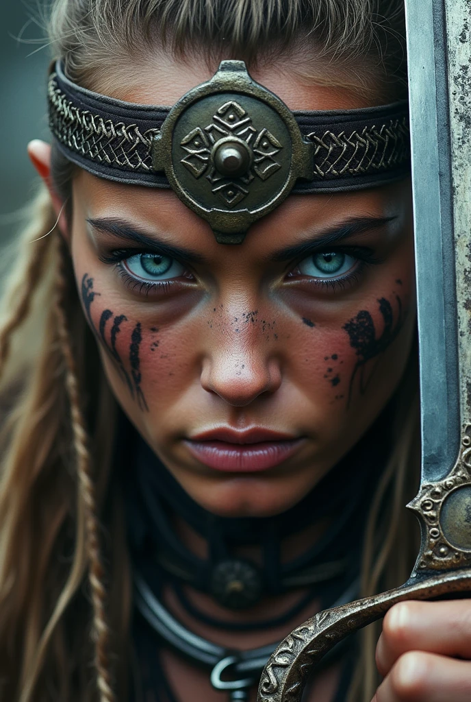 Close up viking warrior with sword in hand, Woman, blue eye, makeup on face, sword next to the face, large head ornament , necklace on the neck, painted face