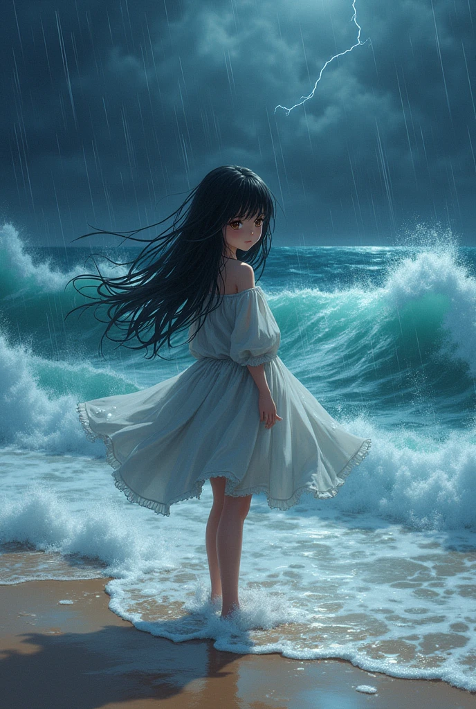 Woman with long black hair and bangs, brown in color with small chest, on the beach in the middle of a storm of lightning and rain anime webtoon