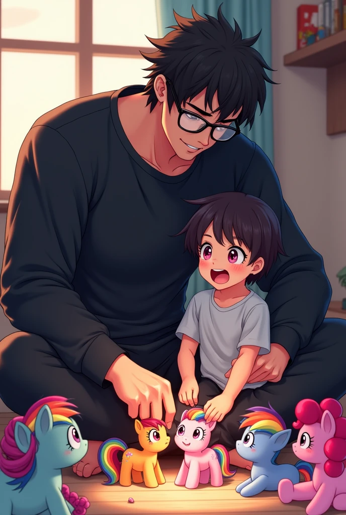 Fassa is a tall and strong young man wearing a dark black sweatshirt and sweatpants and round glasses and messy dark hair down to his neck and red eyes as he is playing with a straight-haired black child with both of them having a lot of fun as both of them play with some My Little Pony toys with both of them playing happily
((Draw with an anime art style))
