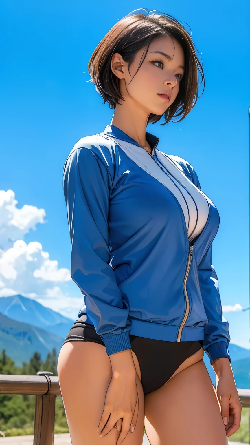 (girl, , Same height :1.2) , (Large Breasts:1.2, not good:1.2), masterpiece,Mountain Bike,Cycling enthusiasts,beautiful girl,business attire,Blue sky and white clouds,8K, 日本のgirl , Very short hair , Camel toe, (High color saturation:1.0), (The skin is very delicate), (best quality:1.0), (Ultra-high resolution:1.0) ,(Practical:1.0), (Very detailed:1.0), (8K, RAW photos:1.1)