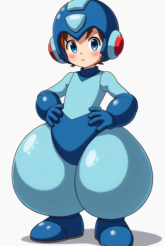 Small boy, around six years old, brown hair, blue eyes, perfect hands, anime style, wearing a Megaman outfit consisting of a light blue leotard, humongous inflatable satin ATS-style 4-yard harem pants, royal blue ankle boots, royal blue gloves, royal blue large rounded coverings on the lower arms, royal blue Megaman helmet, and a huge inflatable royal blue satin Megaman diaper. His helmet has a raised light blue square in the forehead and a light blue rectangle running straight back from the square, resembling an exclamation mark. His helmet also features round light blue sections with red circles in the center over his ears. The pants are puffy and very round, the diaper is extremely puffy and completely round and completely spherical. High quality.