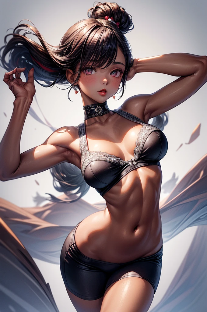 ((highest quality)),(ultra high resolution),(Super detailed), (best work of art), (1 young girl:1.5), beautiful and well-shaped face:1.5,(Beautiful skin with precise and detailed depiction:1.6),(sports bra and waist band nylon shorts ),gorgeous, masterpiece, best quality, high-resolution, finely detailed, extremely detailed and beautiful, distinct-image, hourglass figure, 1 girl, 1 teenager, solo, sharp facial features, oval shaped face. cherry red lips,. velvet-colored eyes, curvy wide hips, D-cup breasts, tall height(175cm), slim curves, toned body, waist length ink-black dark violet hair, small narrow waist, long and slender legs, lightly tanned white skin