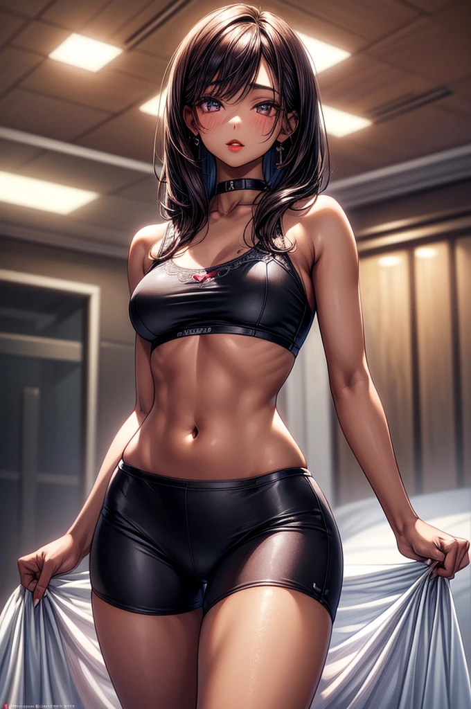 ((highest quality)),(ultra high resolution),(Super detailed), (best work of art), (****ung girl:1.5), beautiful and well-shaped face:1.5,(Beautiful skin with precise and detailed depiction:1.6),(sports bra and waist band nylon shorts ),gorgeous, masterpiece, best quality, high-resolution, finely detailed, extremely detailed and beautiful, distinct-image, hourglass figure, 1 girl, 1 teenager, solo, sharp facial features, oval shaped face. cherry red lips,. velvet-colored eyes, curvy wide hips, D-cup breasts, tall height(175cm), slim curves, toned body, waist length ink-black dark violet hair, small narrow waist, long and slender legs, lightly tanned white skin