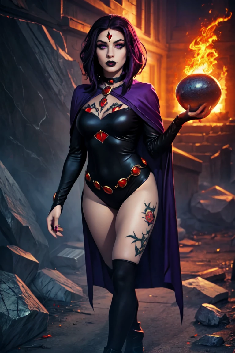 (Best Quality, 8k, masterpiece, HD), (Photo of attractive Caucasian gothic model woman with tattoos), only 1Girl like Raven, ((precious stone on the forehead)), heavy makeup , layer, choker,very pale skin,Ultra detailed face, detailed lips, fine eyes, black lipstick, fine eyes, whole body, walking on fire