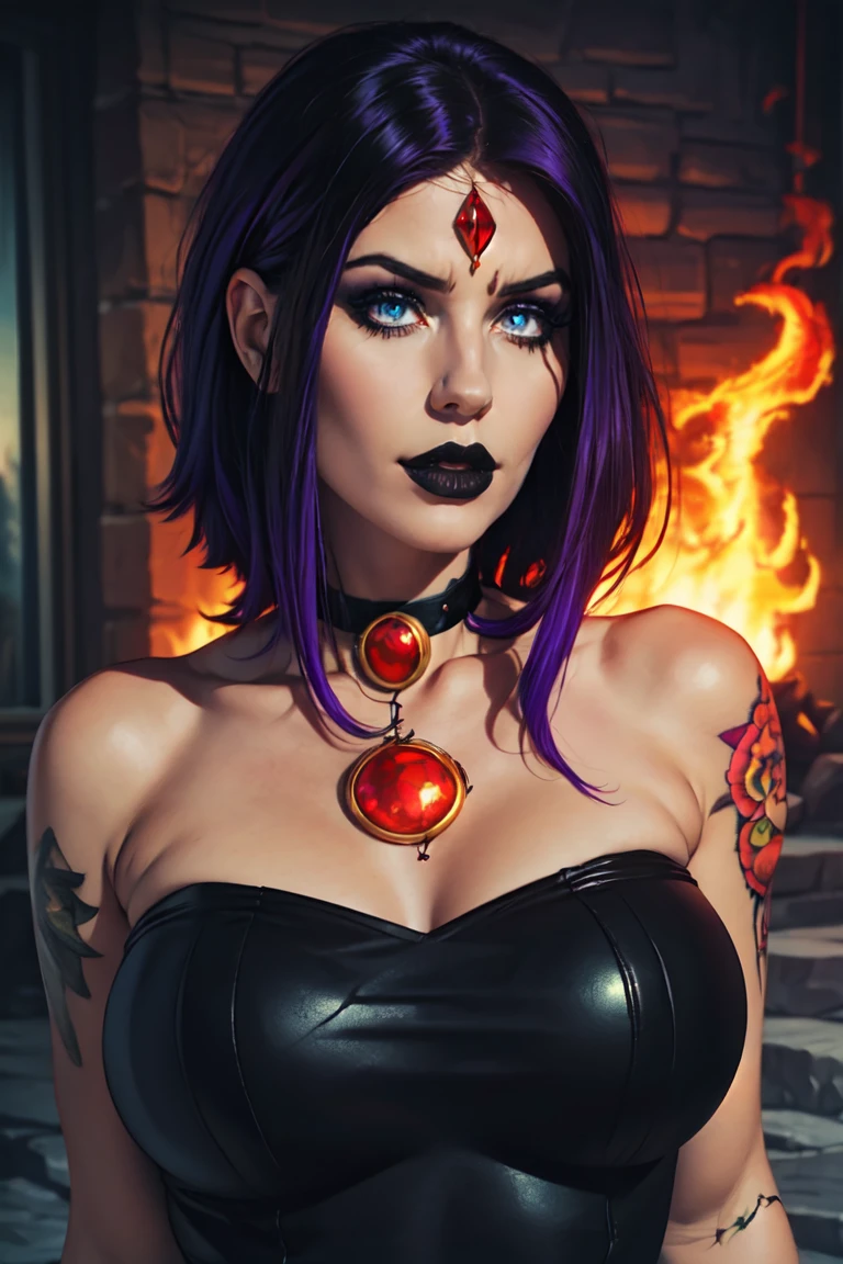 (Best Quality, 8k, masterpiece, HD), (Photo of attractive Caucasian gothic model woman with tattoos), only 1Girl like Raven, ((precious stone on the forehead)), heavy makeup , layer, choker,very pale skin,Ultra detailed face, detailed lips, fine eyes, black lipstick, fine eyes, whole body, walking on fire