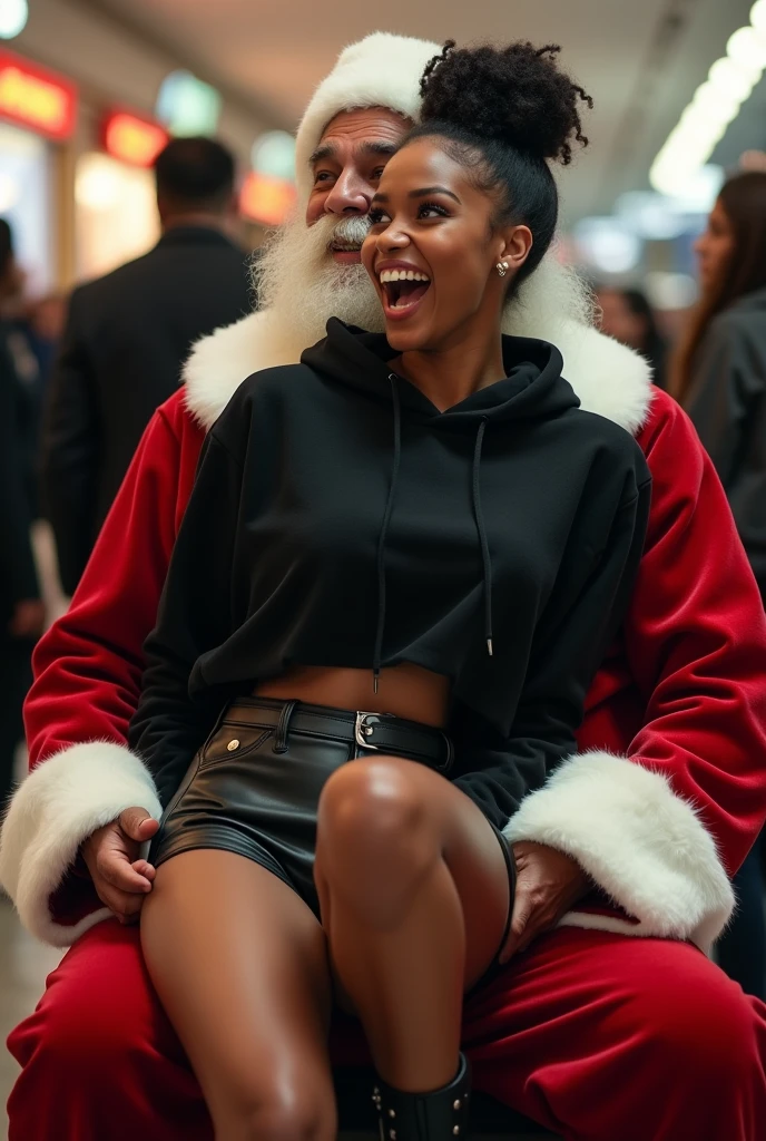 black woman hair in a bun black hoodie black leather short shorts butt cheeks showing excited and eyes wide open on her face setting in santa claus lap at the mall 8k santa has his hands around her waist and kissing her neck