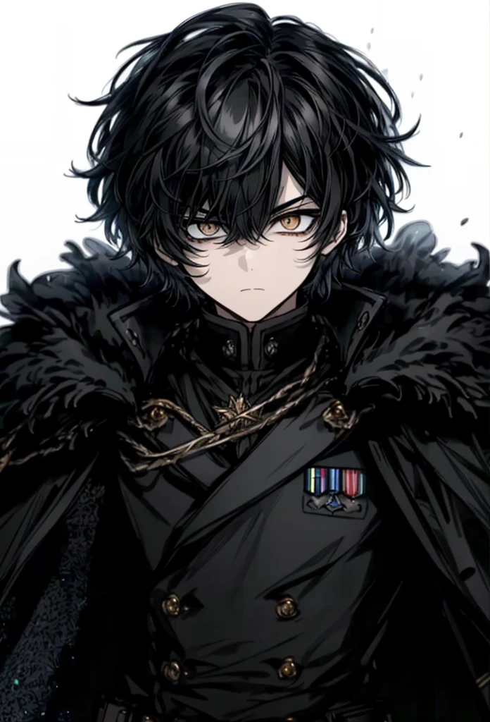 (masterpiece、premium quality、ultra detailed)、(Reflected light、ultra-high definition、single focus)、1boy,male focus, black skin, golden eyes, short black hair, military, general, elite, serious, military boots, cape, noble, narrow, narrow