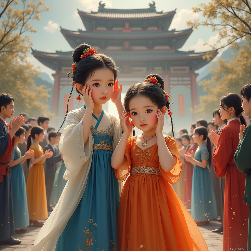 Character details, realistic portraits, real people, ancient Chinese era, Tang Dynasty, Han Fu era, a young woman in a white and blue dress and her younger sister in an orange and red dress are covering their ears from the sound of firecrackers at the opening of a large hospital in front of the large hospital. The atmosphere is lively in front of the wide shop, people can be seen standing and applauding.