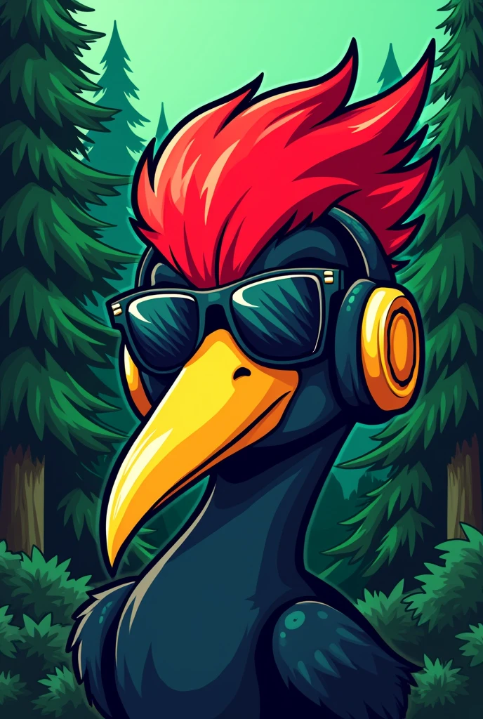 A cartoon illustration of a woodpecker's face, slightly looking to the side, with a more aggressive look, wearing aviator sunglasses, e headphones, to be used as a vest patch for a forestry engineering athletic team. The feathers on the woodpecker's head should be red and black., and the long yellow beak. Place trees in the background and create an illustration with a neon balance of green and red colors.