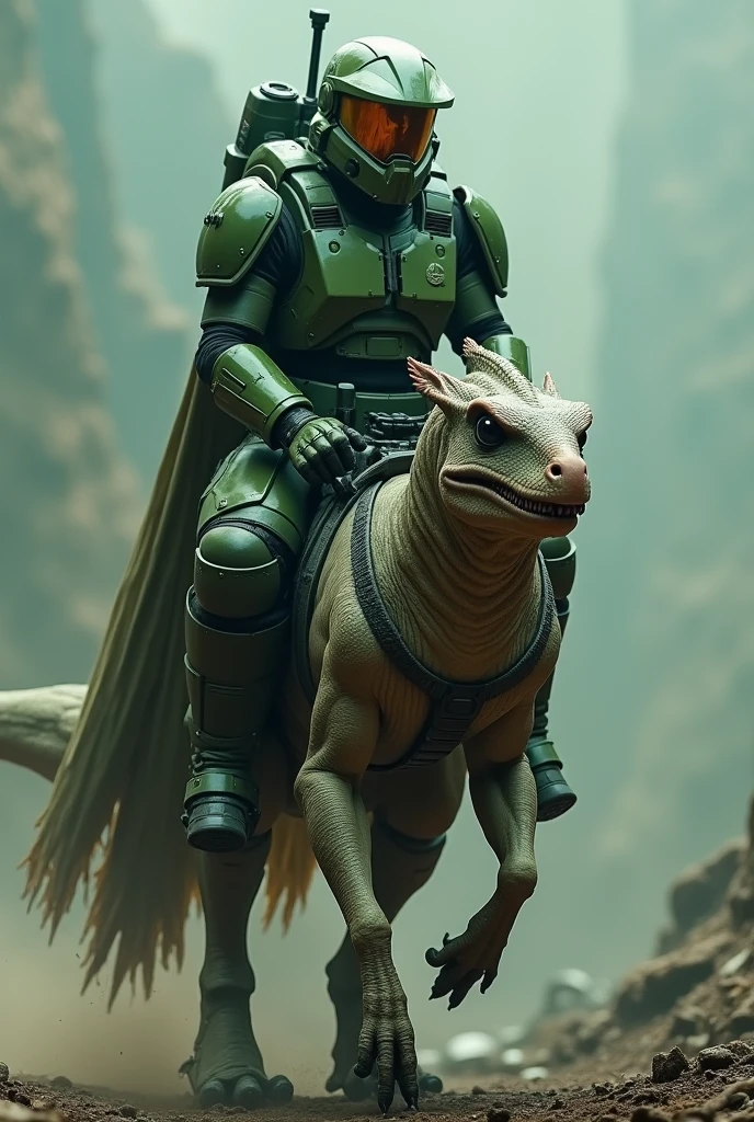 A sci-fi armored soldier, known for his green armor with a reflective helmet visor, is boarding a ghostly alien spaceship known for its gloomy and haunting appearance. He's riding a creature resembling a dinosaur with avian characteristics, commonly found in space-themed video games, featuring a hunched posture, and a shield for protection.
