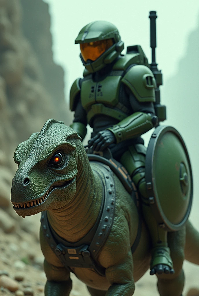 A sci-fi armored soldier, known for his green armor with a reflective helmet visor, is boarding a ghostly alien spaceship known for its gloomy and haunting appearance. He's riding a creature resembling a dinosaur with avian characteristics, commonly found in space-themed video games, featuring a hunched posture, and a shield for protection.