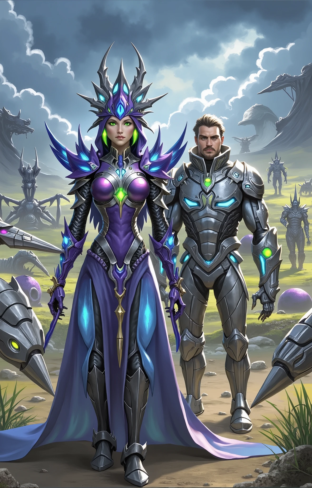 A regal figure wearing a suit of spiky, organic armor, designed in flamboyant blues and purples, implies an authoritative yet terrifying presence. A presumed queen of blades with glowing green eyes and unsettling wing-like appendages emanating from her back. A nearby muscular man, rugged and hard-faced, is adorned in advanced, futuristic armor. The colors are mostly matte-gray mixed with shining blue. His demeanor suggests a man of action, hardened by numerous battles. They both stand poised in an otherworldly, sci-fi battlefield filled with alien technologies and structures.