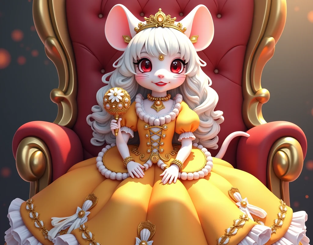 (best quality,4k,8k,highres,masterpiece:1.2), ultra-detailed, Pretty anthropomorphic mouse girl has a princess, drawn in anime style, steampunk, wearing a yellow princess gown with puffy sleeves, steampunk, gorgeous frilly dress design,flowing gown,elaborate lace details,rich textures,contrast stitching,delicate ribbon bows,floral accents, flowers embroidery, full skirt,short sleeves,fitted waistline,flared cuffs,lace-up back,luxurious fabrics,flawless silhouette, long curly white hair and red eyes, white fur, smiling, mouse ears and tail, high heels, white elbow gloves, gold bracelets, tiara made of seashells, red lipstick, eyeshadow, seashell necklace, coronation ritual, sitting elegantly on a throne, she’s holding a royal scepter and a gold sphere.