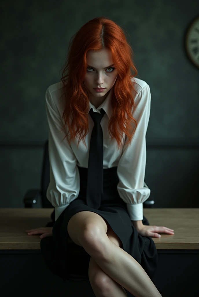 Create the following image: The image shows a young woman with red hair, hazel brown eyes and white skin. She is sitting on the edge of a table, with his legs crossed and an evil smile on his face. Wear a white long-sleeved blouse, a black tie and a black skirt. The background is a dark office, and his eyes stand out in the darkness
