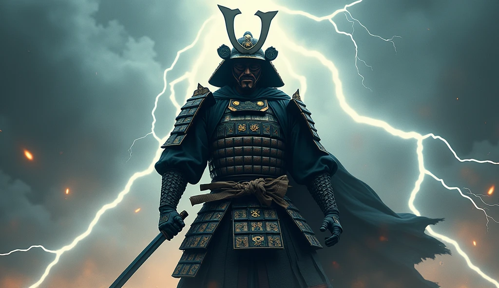 A samurai with a sword surrounded by lightning