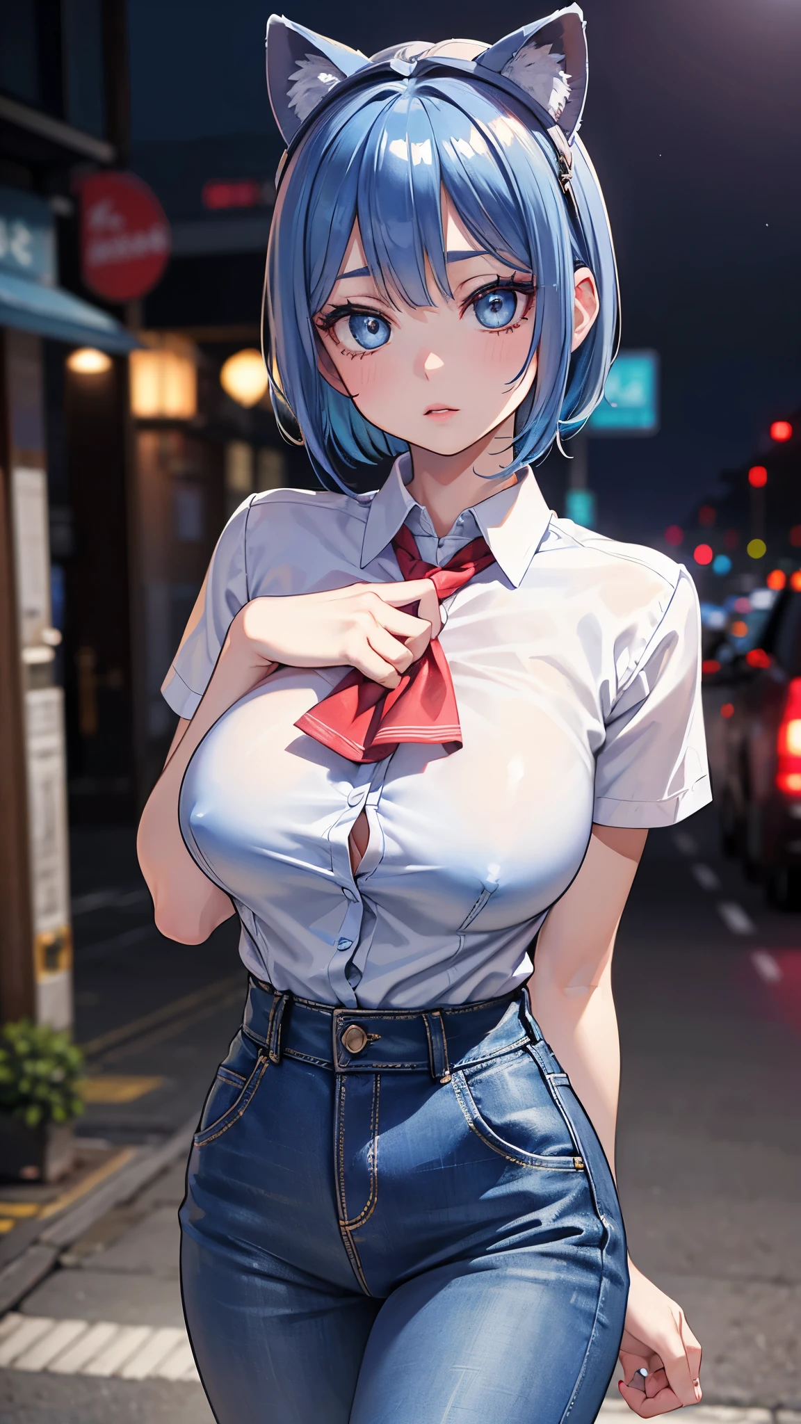 (masterpiece, 最high quality, 超High resolution, Very detailed), (Realistic:1.1, photoRealistic:1.4), Perfect illustration, Perfect lighting,Perfectly detailed hair, Perfect and exquisite face, Perfect collarbone, Perfect body,Juicy breasts, Perfect Thighs, Beautiful legs, View your audience, 1 person,Perfect Face, (Perfect Anatomy, Anatomically correct), Symmetrical face、((Shiny Hair)),Sexy Body、(masterpiece),(最high quality:1.3),8k,Very clear,(Ultra-realistic),Captivating woman,(high quality, High resolution, The finer details), Realisticなスタイルの女性,Juicy breasts、Perfect Woman、Perfect Face、Symmetrical face、、((Big breasts))、blush、((Juicy lips))、Cowboy Shot、(((Short blue hair)))、((Big double blue eyes、Long eyelashes))、(Red Makeup)、((Raccoon Ears))、(((White fitted collared shirt)))、((High waist denim pants))、((Wearing pantyhose))、(Healthy and well-developed body)、((Big tits jk))、(Outdoor、On the street at night)