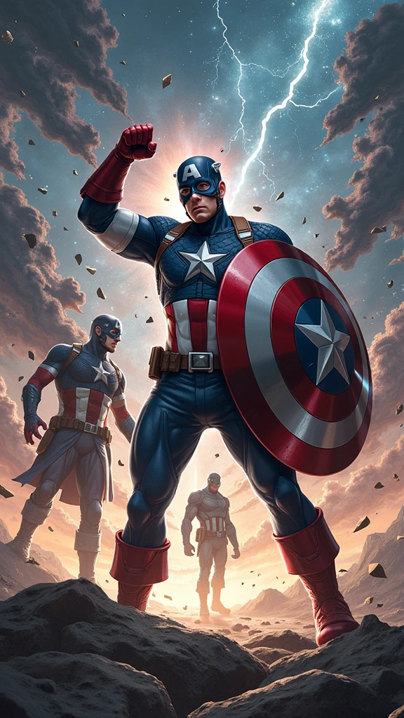 Clareza e Especificidade no Prompt: Captain America stands at the center of the image, with his shield raised defensively as the world around him begins to distort and fracture. The scene focuses on the chaos of time collapsing in on itself, with multiple versions of events and characters from different timelines converging.

Detalhes Visuais: Captain America is depicted in his full suit, standing firm with his shield glowing faintly from the energy of the Reality Stone embedded within it. His expression is one of shock and determination as he watches time begin to unravel. Around him, the environment should show fractured pieces of reality—shards of glass-like time fragments that reflect different moments of his life. These fragments should include distorted images of his battles, allies, and key moments, all blending and overlapping in a chaotic yet controlled manner.

Contexto e Composição: The composition centers on Captain America, but the background is filled with swirling, fragmented images and temporal distortions. The perspective should be slightly above, looking down at Captain America, emphasizing the disorienting effect of the paradox forming around him. Various temporal versions of himself might appear, each slightly out of sync, adding to the visual complexity.

Atenção ao Ambiente: The environment around Captain America should be a chaotic mix of timelines colliding. The ground beneath him cracks and splinters, with fragments of past and future scenes merging together. The sky is split into different colors and times of day—daylight on one side, night on the other, with a twilight zone in between where stars and the sun coexist. Lightning and temporal energy arcs through the sky, connecting the fragments of time like electrical currents.

Referências Emocionais: The atmosphere is tense and chaotic, filled with a sense of impending disaster. Captain America's posture is defensive, as if he’s bracing against a force beyond his control. His eyes reflect 