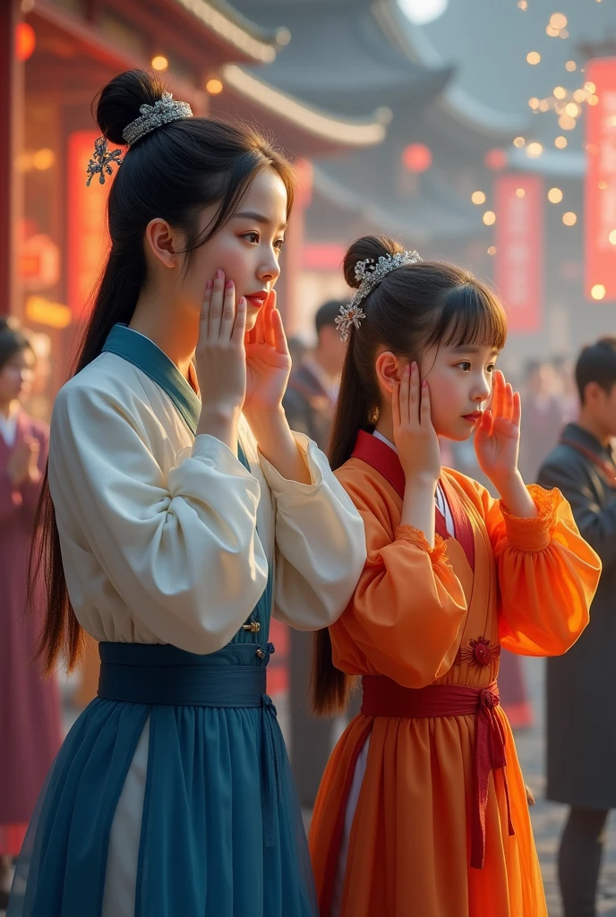 Character details, realistic portraits, real people, ancient Chinese era, Tang Dynasty, Han Fu era, a young woman in a white and blue dress and her younger sister in an orange and red dress are covering their ears from the sound of firecrackers at the opening of a large hospital in front of the large hospital. The atmosphere is lively in front of the wide shop, people can be seen standing and applauding.