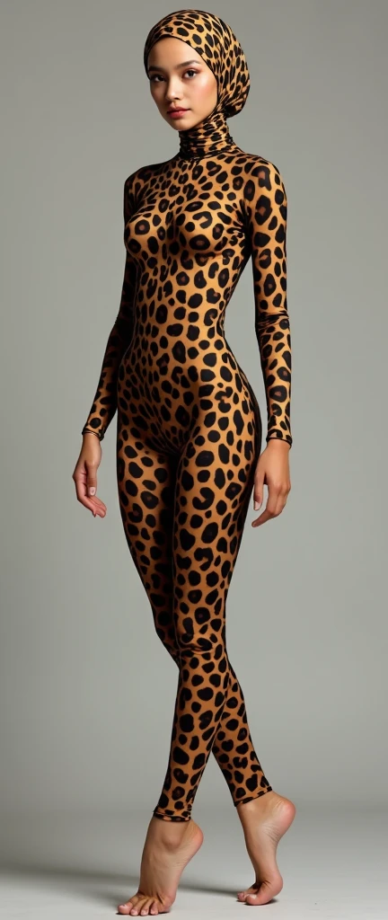 The most beautiful,thin,most pretty and clever Malaysian muslimah adult girl wears ocelot print lycra turtleneck unitard catsuit covered with many spots.She always wear ocelot print lycra dancewear stretchy square hijab covered with many spots.She likes to read many encyclopedia books.