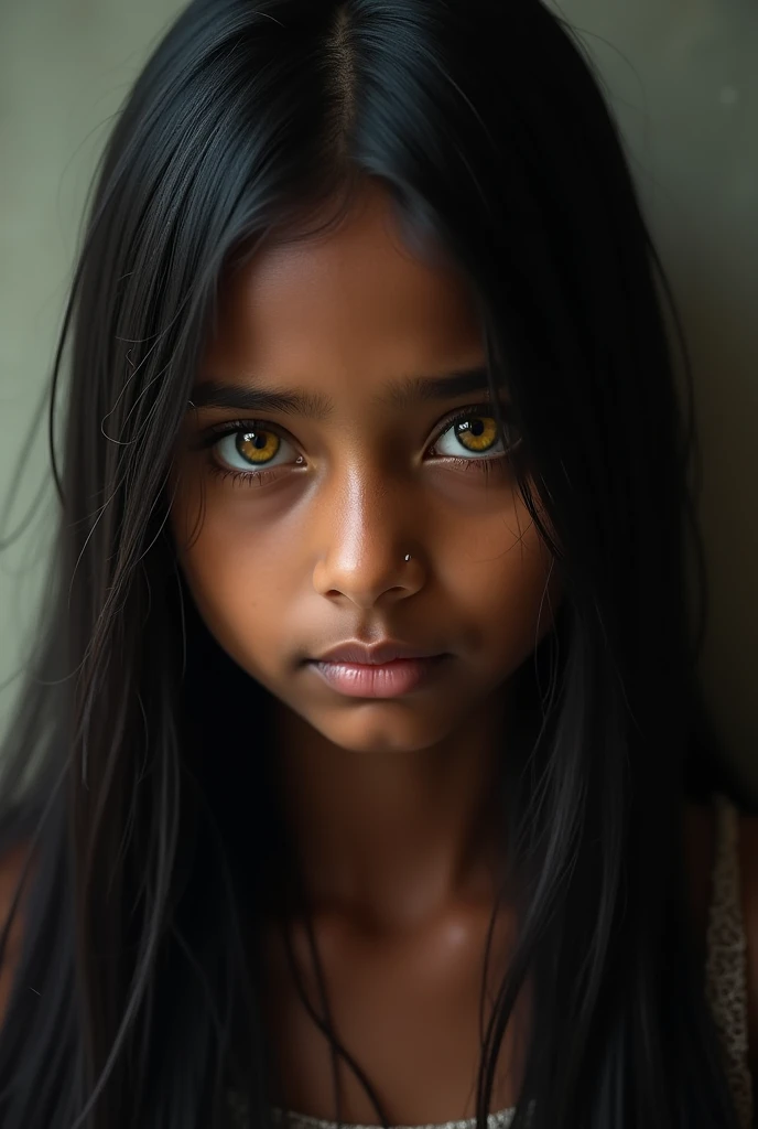 An Indian girl with straight black hair, dark skin, light yellow eyes and a serious expression 
