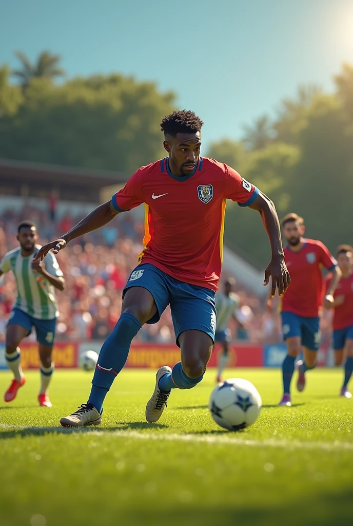 Create for me an image of a  black guy playing soccer with his friends and he performing the dribbling movement 