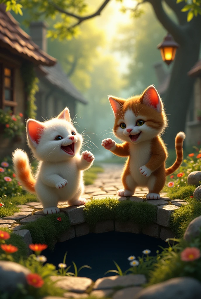 In a quaint medieval village street, a cheerful kitten with snow-white fur and patches of orange is energetically playing with a colorful ball. The kitten, with a rounded, chubby figure and oversized, expressive eyes, exudes pure joy with a broad, beaming smile. The warm, golden sunlight highlights the cobblestone street, vibrant flower beds, and charming stone cottages.

The forlorn kitten, with muted fur tones and a slender, hunched figure, approaches with a mix of envy and feigned friendliness. Its strained smile and angular features contrast sharply with the happy kitten’s vibrant, rounded appearance. The forlorn kitten proposes a game of hide-and-seek in the nearby forest, which the happy kitten eagerly accepts, eyes sparkling with excitement.

As they explore the lush, dense forest, they arrive at an old, abandoned well. The well, partially covered in moss, is deep and dark, with only a faint glimpse of the bottom visible. The forest is rich with towering trees and vibrant foliage, creating a sense of mystery and adventure.

The scene shifts to capture a moment of tension: the happy kitten, with a curious and innocent expression, leans forward towards the well to peer inside. Its rounded figure and bright colors are vividly contrasted against the shadowy well. At this critical moment, the forlorn kitten seizes the opportunity. With a forceful push, the forlorn kitten causes the happy kitten, who is in a mid-leaning posture, to lose its balance and tumble into the well. The happy kitten’s eyes widen in shock and fear, and it emits a piercing scream that echoes through the forest but quickly fades into the well's darkness.

The scene dramatically contrasts the joyful, rounded figure of the happy kitten with the angular, subdued form of the forlorn kitten. The deep, dark interior of the well and the shadowy forest ambiance heighten the sense of foreboding and suspense, capturing the crucial moment of betrayal and its immediate, chilling effect.

Rendered in a med