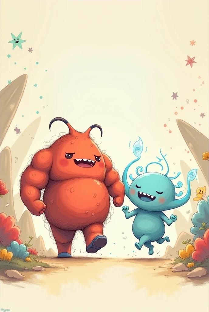 draw in pencil and create two cute characters for children, they must be formless non-human beings . Strength and Movement they are friend adventurers. Strength robust red and Movement light blue, these on a fantastic land of Energyland, it must be cute for kids with running poses