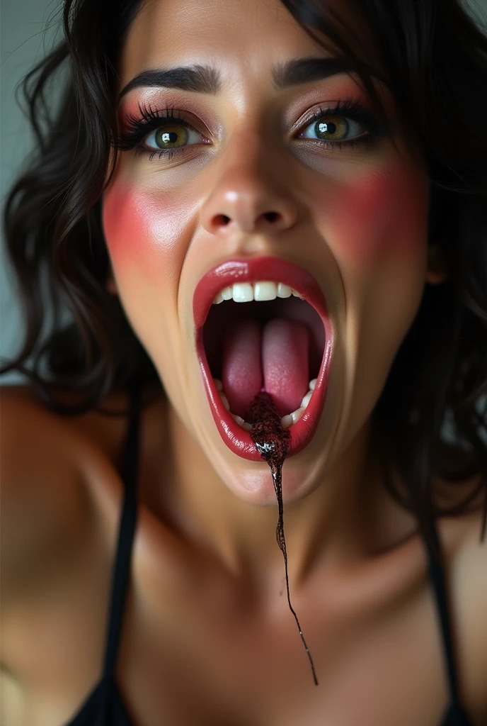 Zoom sur visage Femme 28 ans latine, maquillage mascara coulant sur les joues, tres sexy nue sexy salope regard de chienne en chaleur
Tire la langue, filet de bave blanc, yeux révulsés, Ahegao