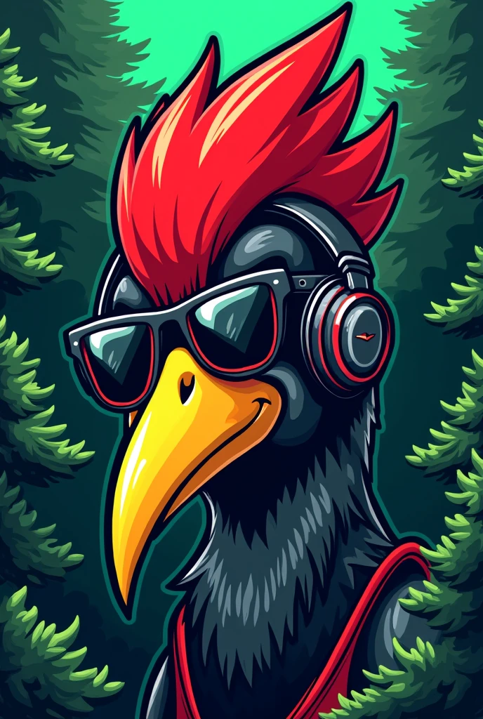 A cartoon illustration of a woodpecker's face, slightly looking to the side, with a more aggressive look, wearing aviator sunglasses, e headphones, to be used as a vest patch for a forestry engineering athletic team. The feathers on the woodpecker&#39;s head should be red and black., and the long yellow beak. Place trees in the background and create an illustration with a neon balance of green and red colors. 