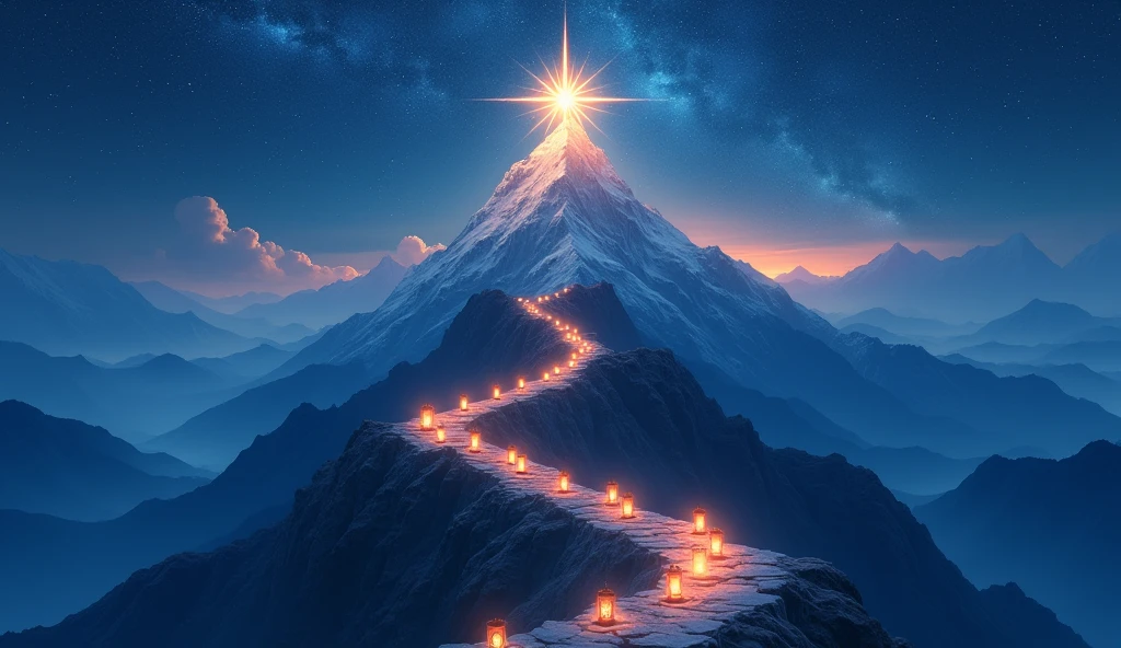 Visualize a majestic mountain under a starry sky, with a lantern-lit path along the trail. on top of mountain, there is a big bright star, symbolizing success. Each lantern along the way has symbols of challenges and achievements, and the stars around reflect the continued effort and determination