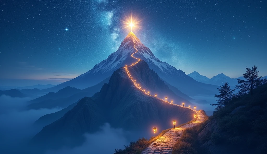 Visualize a majestic mountain under a starry sky, with a lantern-lit path along the trail. on top of mountain, there is a big bright star, symbolizing success. Each lantern along the way has symbols of challenges and achievements, and the stars around reflect the continued effort and determination