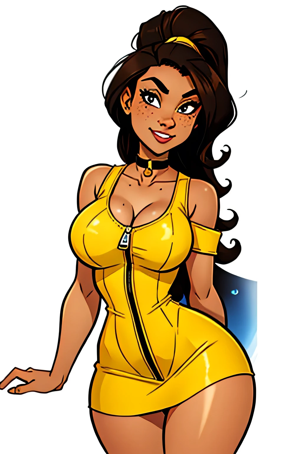 Slim athletic woman, age 25, 4K (High definition), mysterious smile, seducing gaze, eyes browns, wearing a yellow dress ((with zipper and v-neck)), choker, arms positioned at the side of the body, brown skin, loose curly black hair ((at shoulder height)), standing (upper body), curvy with freckles on her chest and neck, big round breasts. High-quality Marvel style, white background.