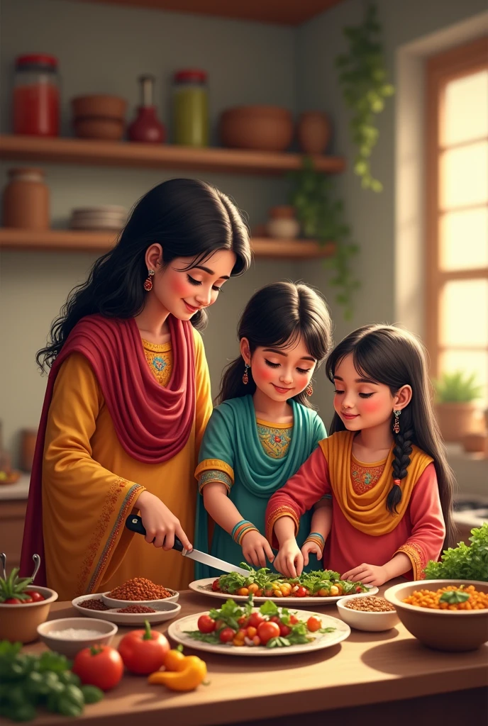 2 young girls in Pakistani attire are cooking food in kitchen and their mother is cutting  vegetables to help them 