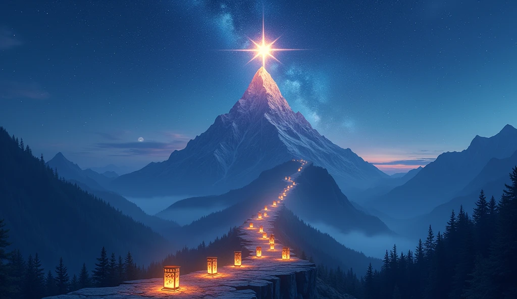 Visualize a majestic mountain under a starry sky, with a lantern-lit path along the trail. on top of mountain, there is a big bright star, symbolizing success. Each lantern along the way has symbols of challenges and achievements, and the stars around reflect the continued effort and determination