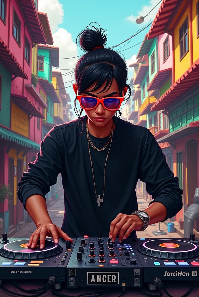 Young DJ in black clothes and big colorful glasses playing music with a favela in the background