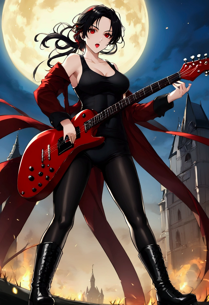 A vampire with shiny black hair, red eyes that emit a red light, wearing a black tank top, tight black leggings and black military boots, playing a legendary red guitar, in an open field at night with an ancient gothic castle in the background