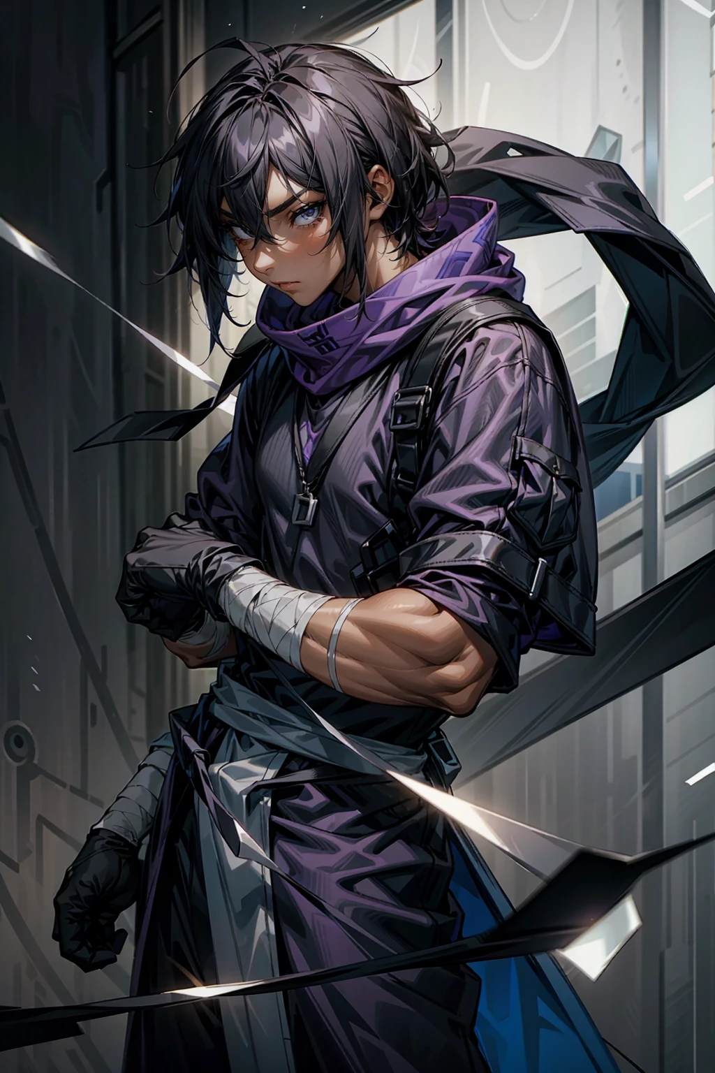 1male, Adult male, black eyes, black hair, medium length hair, darkskin, black bandages on arms, purple gloves, black and purple yukata, grey sweatshirt, Serious