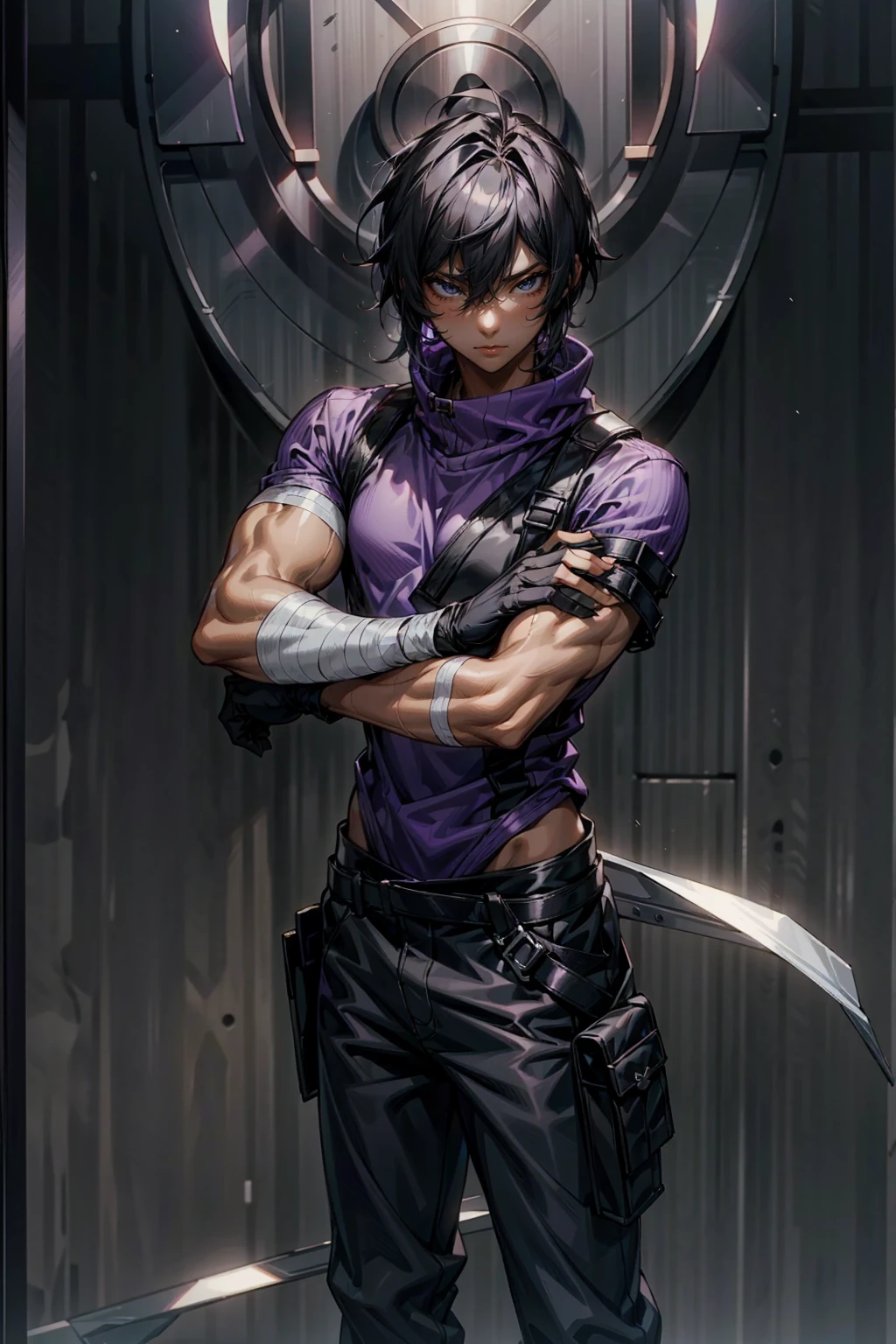 1male, Adult male, black eyes, black hair, medium length hair, darkskin, black bandages on arms, purple gloves, black and purple yukata, grey sweatshirt, Serious